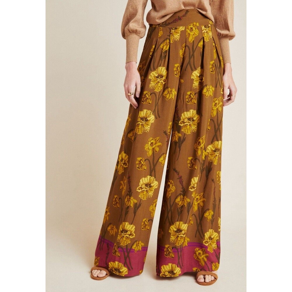 ANTHROPOLOGIE Maeve Size 6 Terrace Smocked Floral Wide Leg Pants Flare Viscose‎